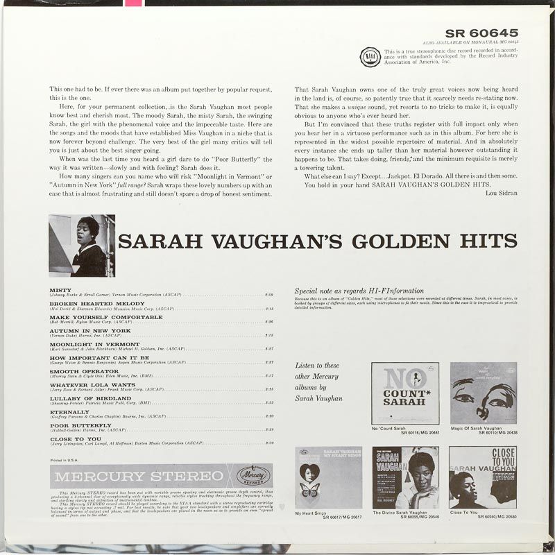 Sarah Vaughan - Sarah Vaughan's Golden Hits - Raw Music Store