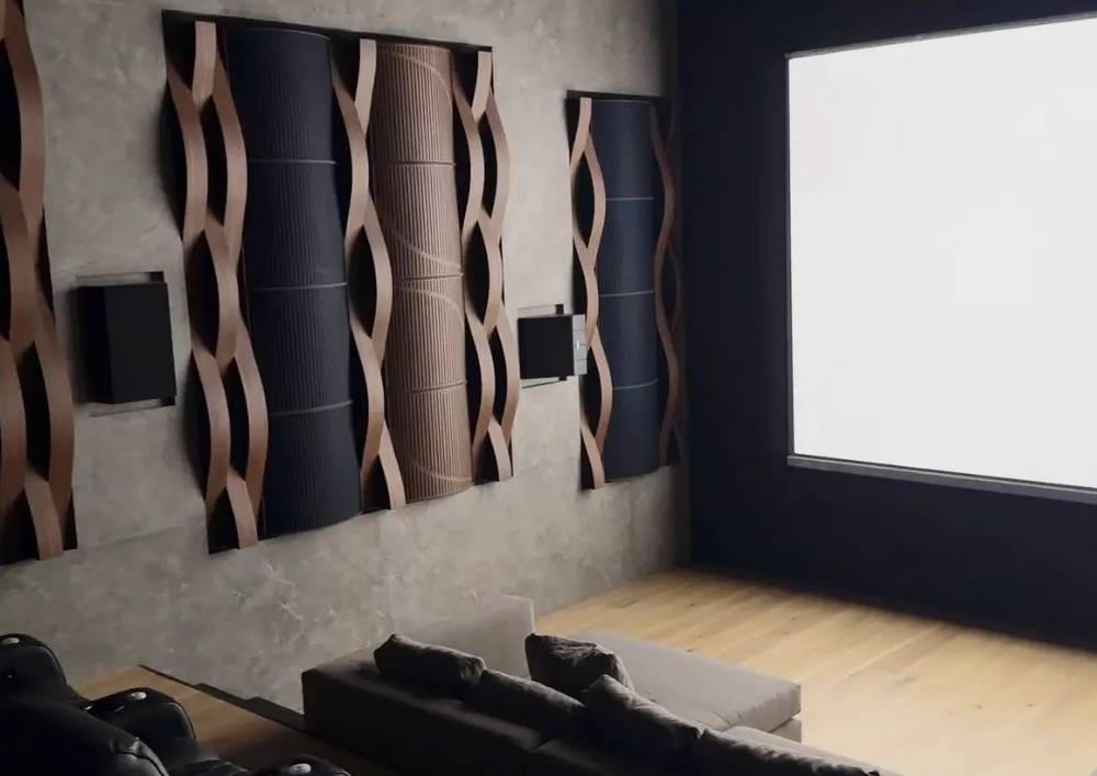 Home theatre with timber acoustic slat wall and in-wall speakers in Dubai
